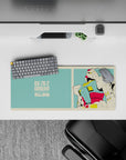 Mint teal and cream border mecha mouse pad with red-yellow armor pop, nostalgic vibe, 28x12 inches.