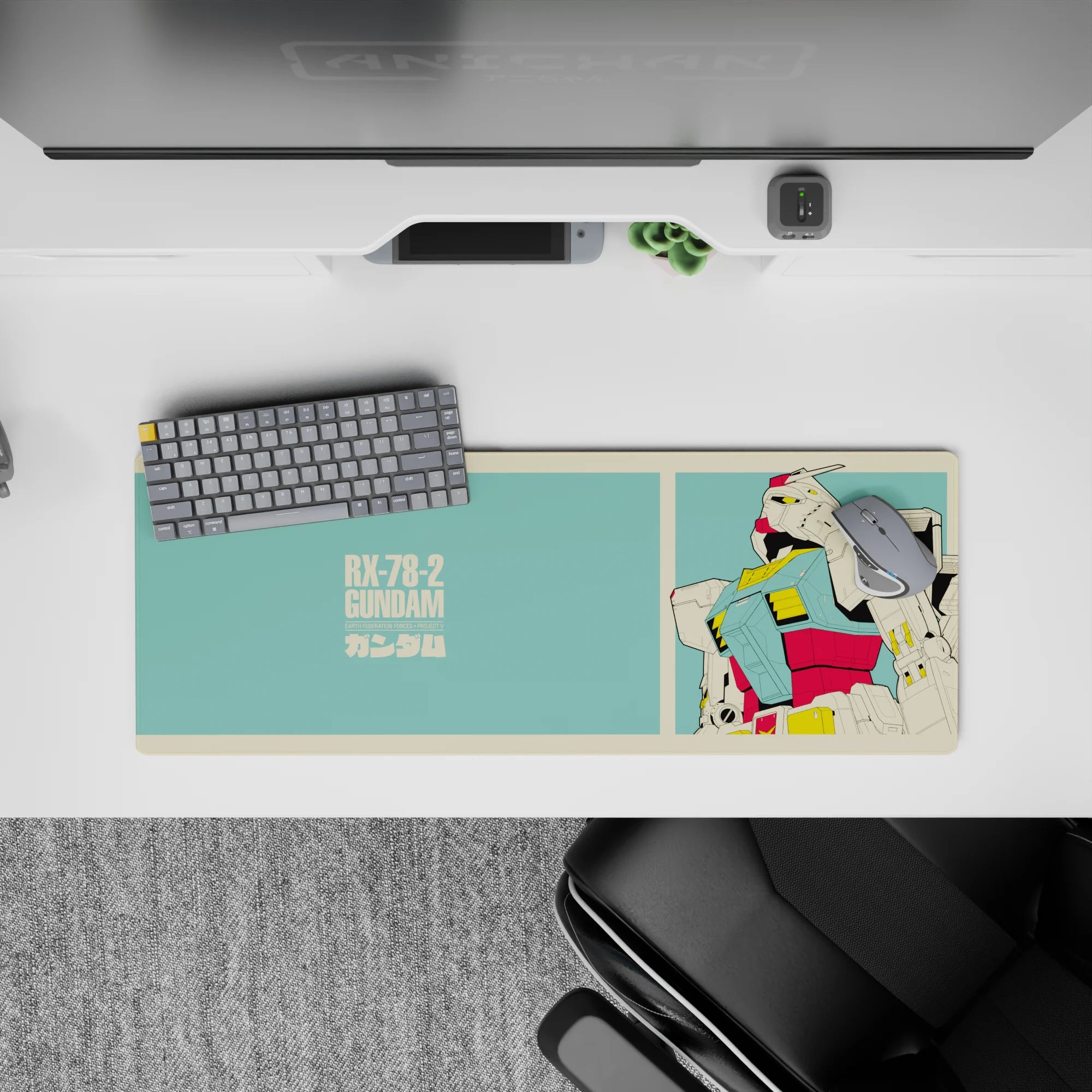 Mint teal, cream, red-yellow mecha accents on a crisp nostalgic anime mouse pad, 32x12 inches.