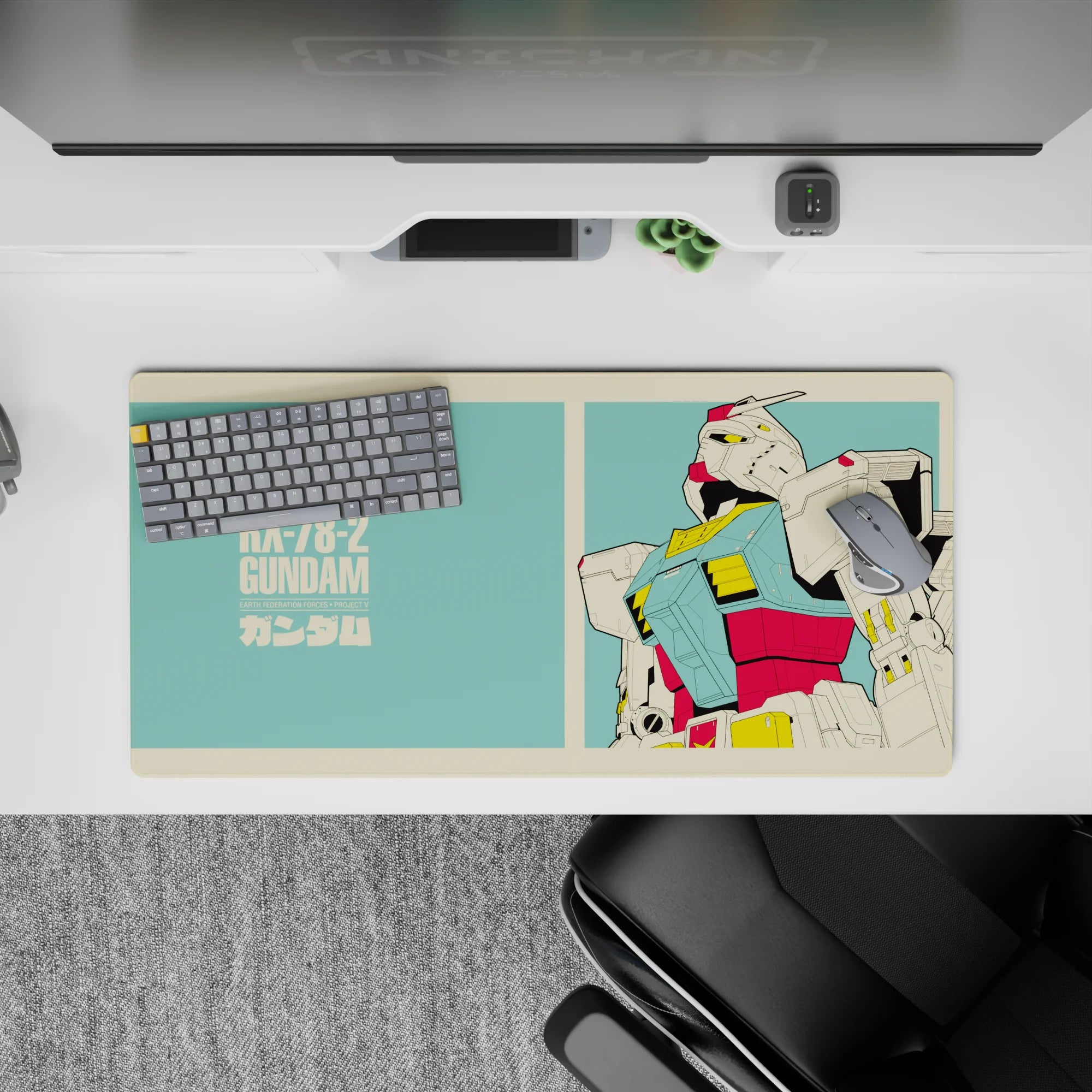 Mint teal and cream border anime mouse pad with red-yellow armor pop, clean nostalgic vibe, 32x16 inches.
