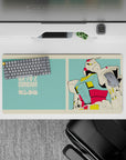 Mint teal and cream border anime mouse pad with red-yellow armor pop, clean nostalgic vibe, 32x16 inches.