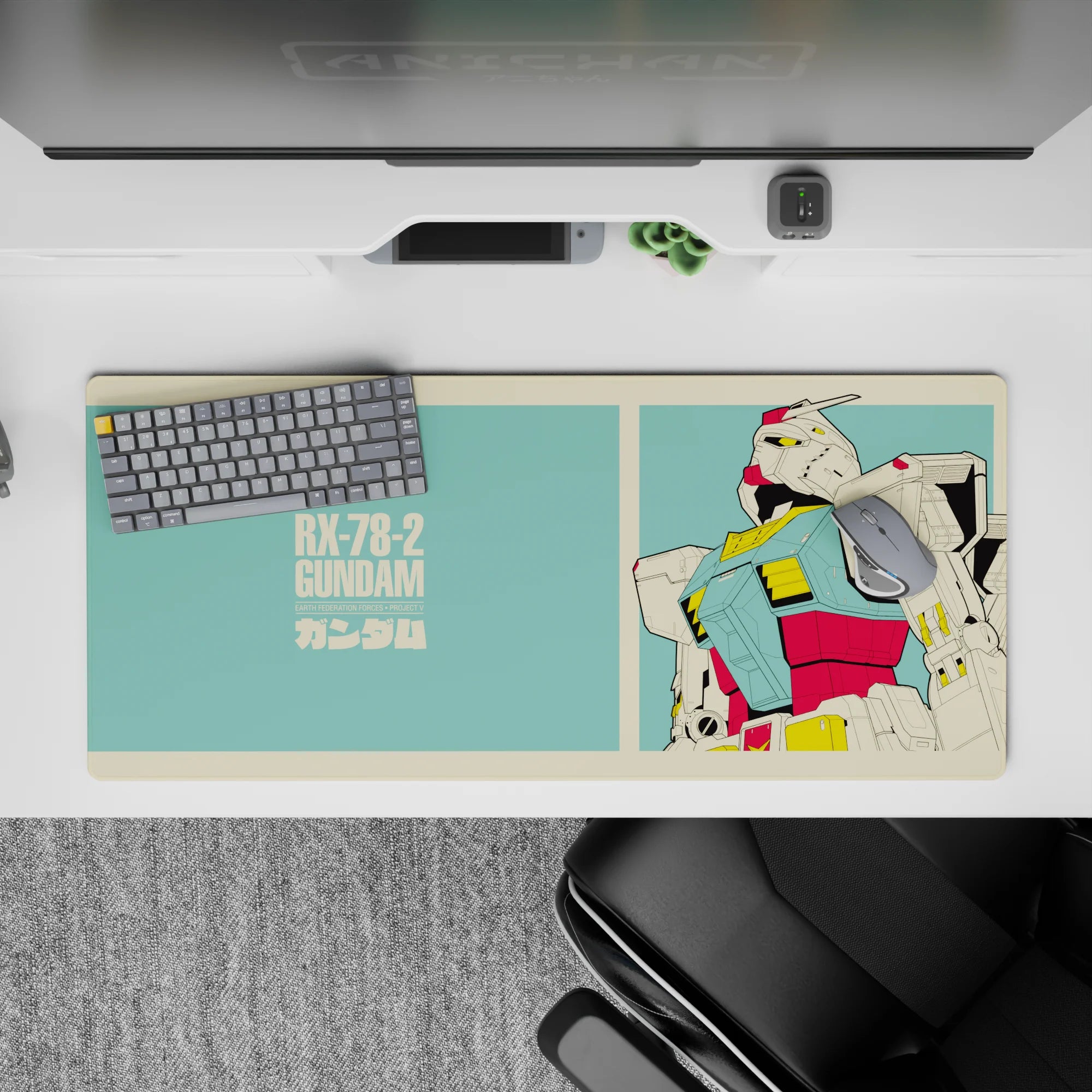 Mint teal and cream bordered anime desk pad 36x16 inches with red-yellow armor accents, nostalgic vibe.