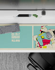 Mint teal and cream bordered anime desk pad 36x16 inches with red-yellow armor accents, nostalgic vibe.
