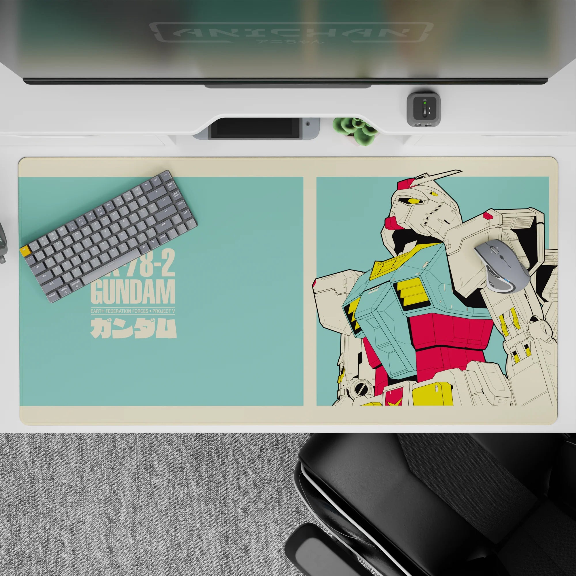 40x20 inches anime desk pad in mint teal and cream with red-yellow armor pops, crisp nostalgic vibe.