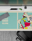 40x20 inches anime desk pad in mint teal and cream with red-yellow armor pops, crisp nostalgic vibe.