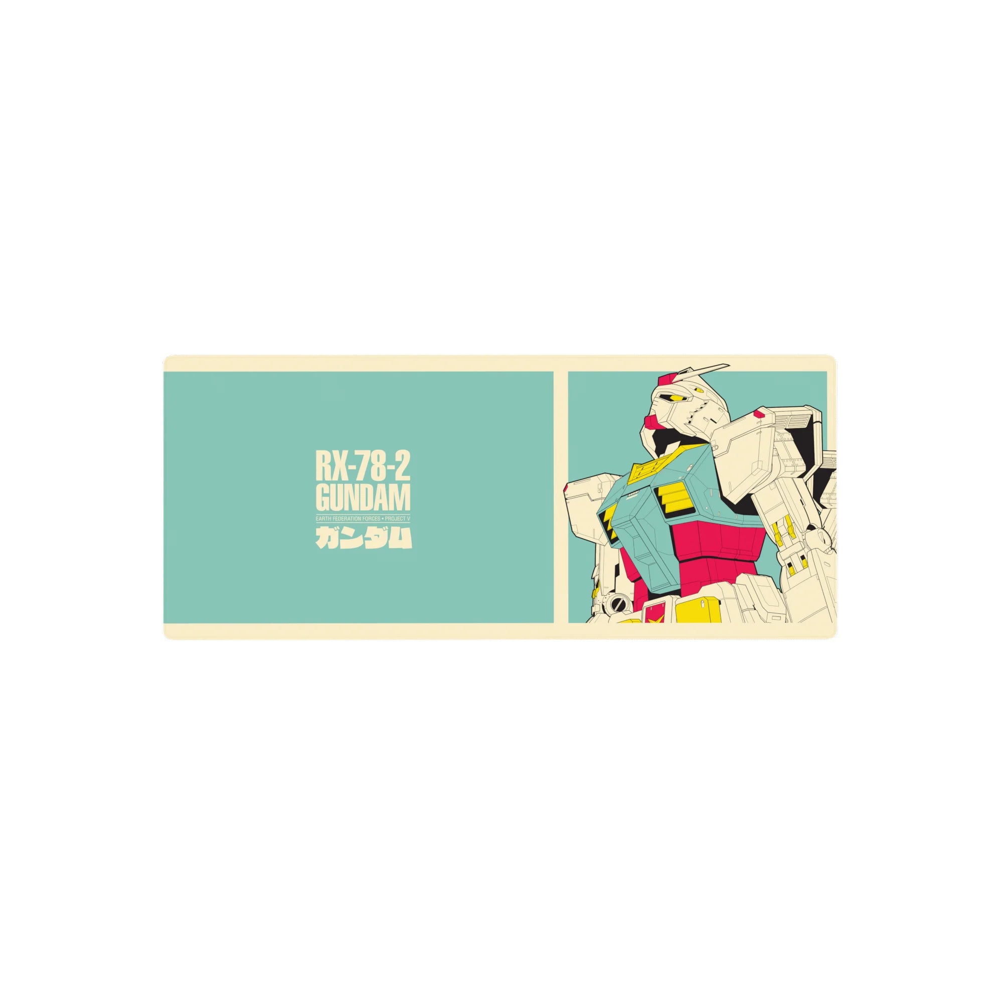 RX-78-2 Gundam poster-style anime mouse pad, clean lines and bold typography, 28x12 inches.