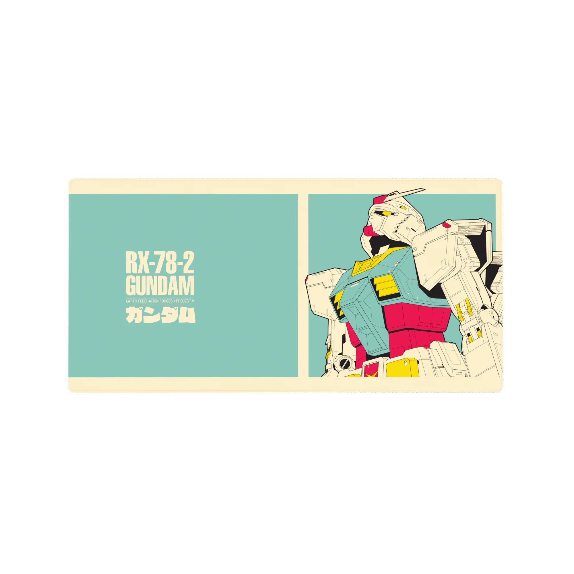 RX-78-2 Gundam poster-style anime mouse pad, crisp lines and bold typography, 32x16 inches.