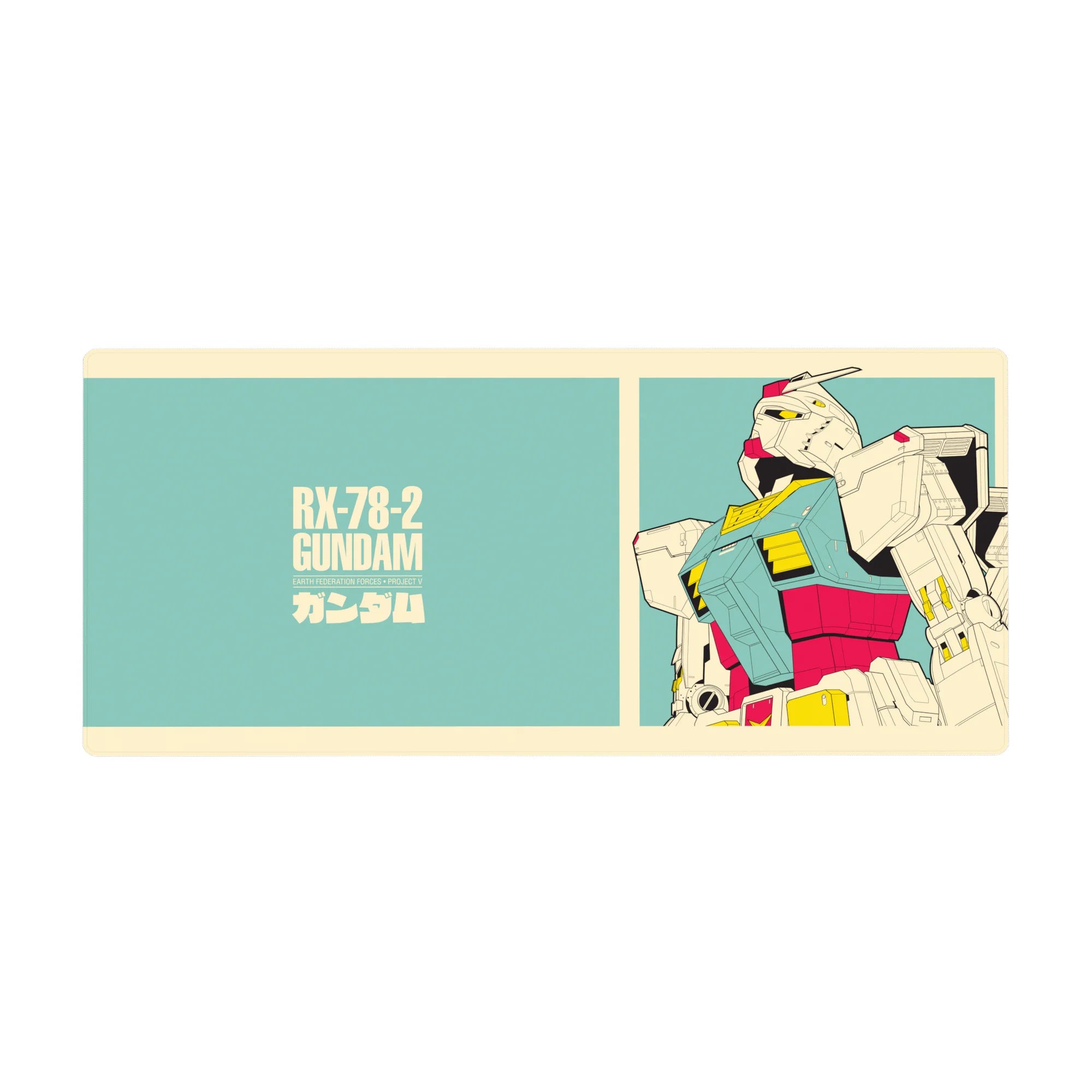 RX-78-2 Gundam poster-style anime desk pad 36x16 inches with bold text and clean layout.