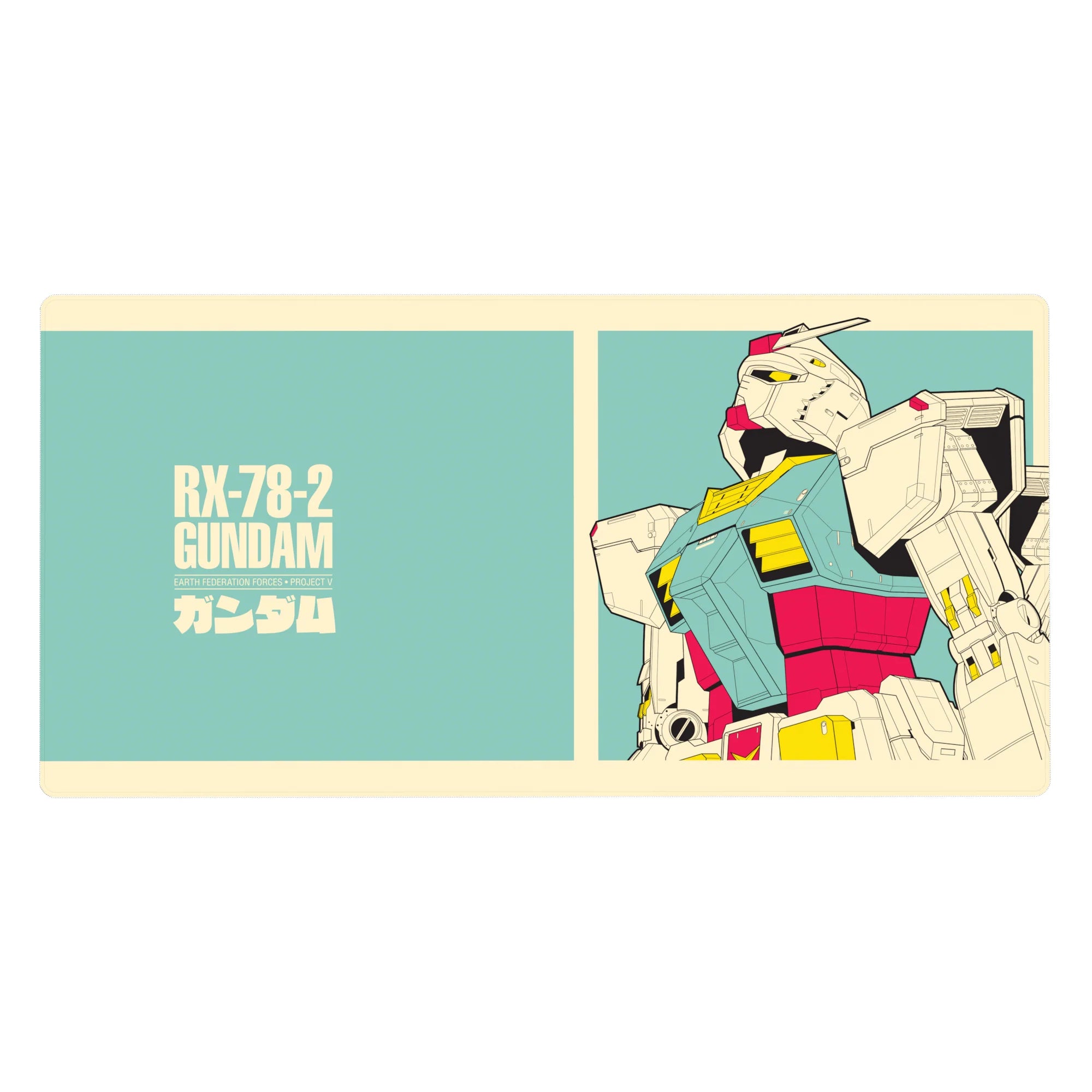 40x20 inches anime desk pad with RX-78-2 Gundam poster layout, bold text, clean sharp lines.