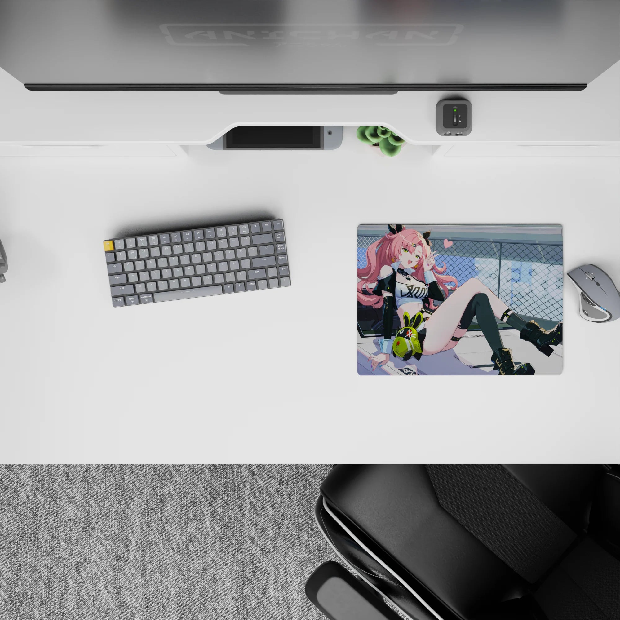 Neon-lime and candy-pink anime mouse pad 14x10 inches, techy stickers, chain-link edge, cute rebel vibe.