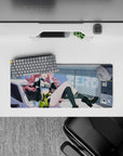 Neon-lime and candy-pink anime mouse pad 28x12 inches, sweet-meets-edgy vibe with tech stickers.