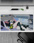 Neon-lime and candy-pink anime girl mouse pad 32x16 inches, edgy street-cute vibe with tech stickers.