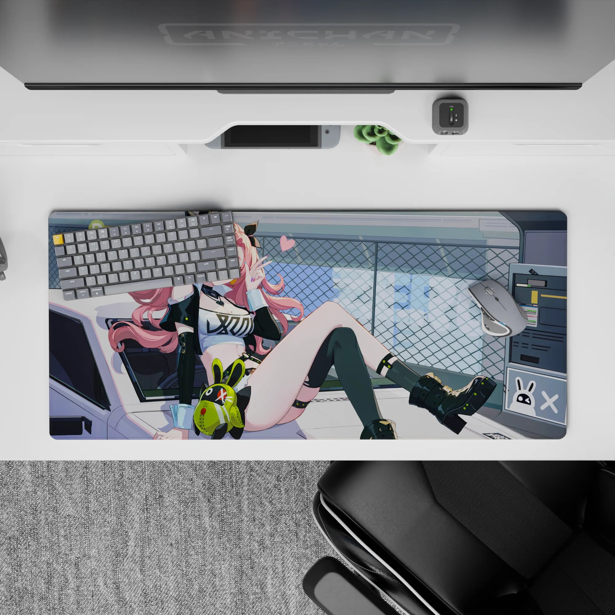 Neon-lime and candy-pink anime desk pad 36x16 inches, street-cute vibe with techy chain-link art.