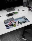 Cheeky anime girl on car hood flashing V-sign, candy-pink hair, chain-link backdrop mouse pad 28x12 inches.