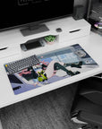 Cheeky anime girl on car hood flashing V-sign, chain-link backdrop mouse pad 32x16 inches.