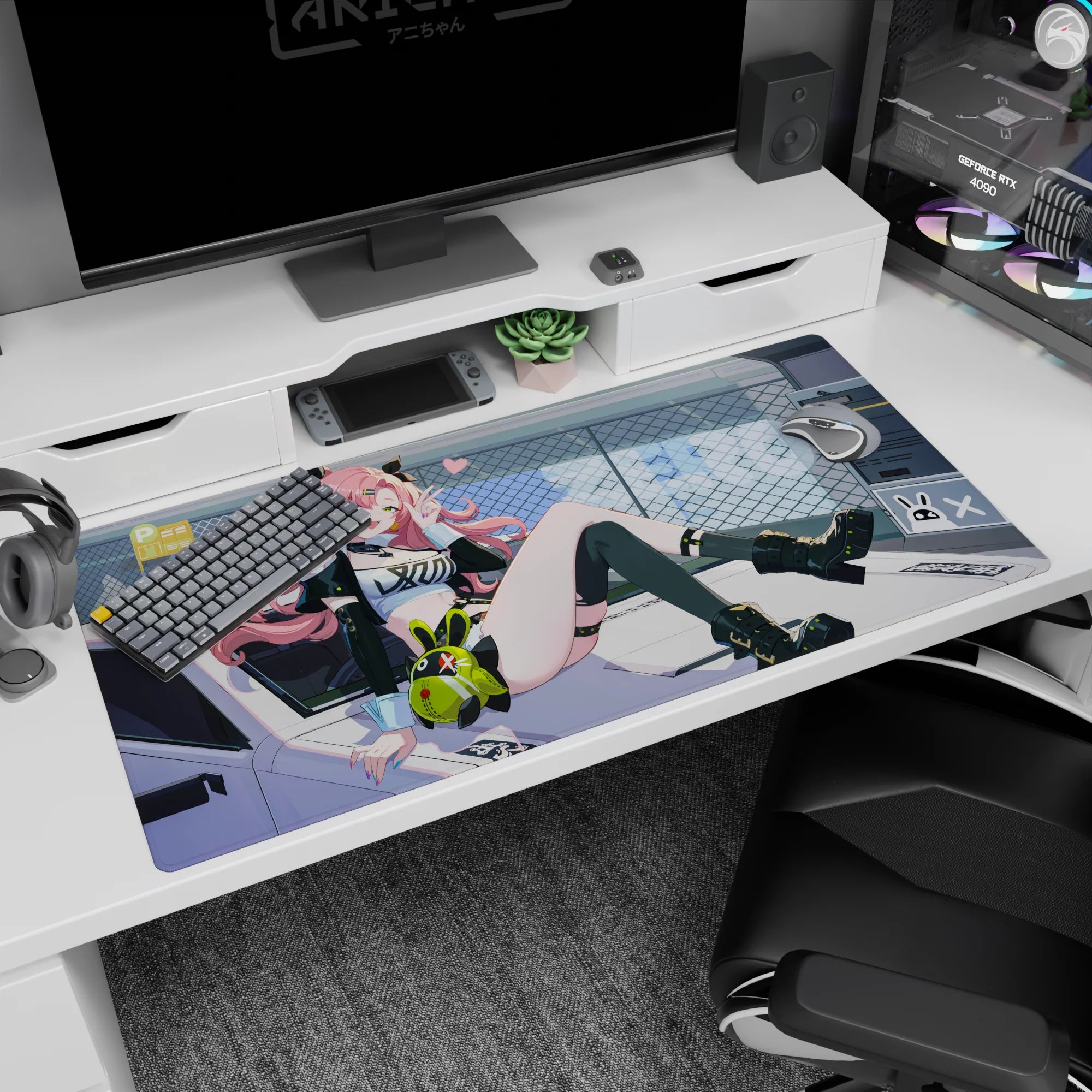 Anime girl with pink hair lounging on a car hood, V-sign and heart, bunny plush desk pad 40x20 inches.