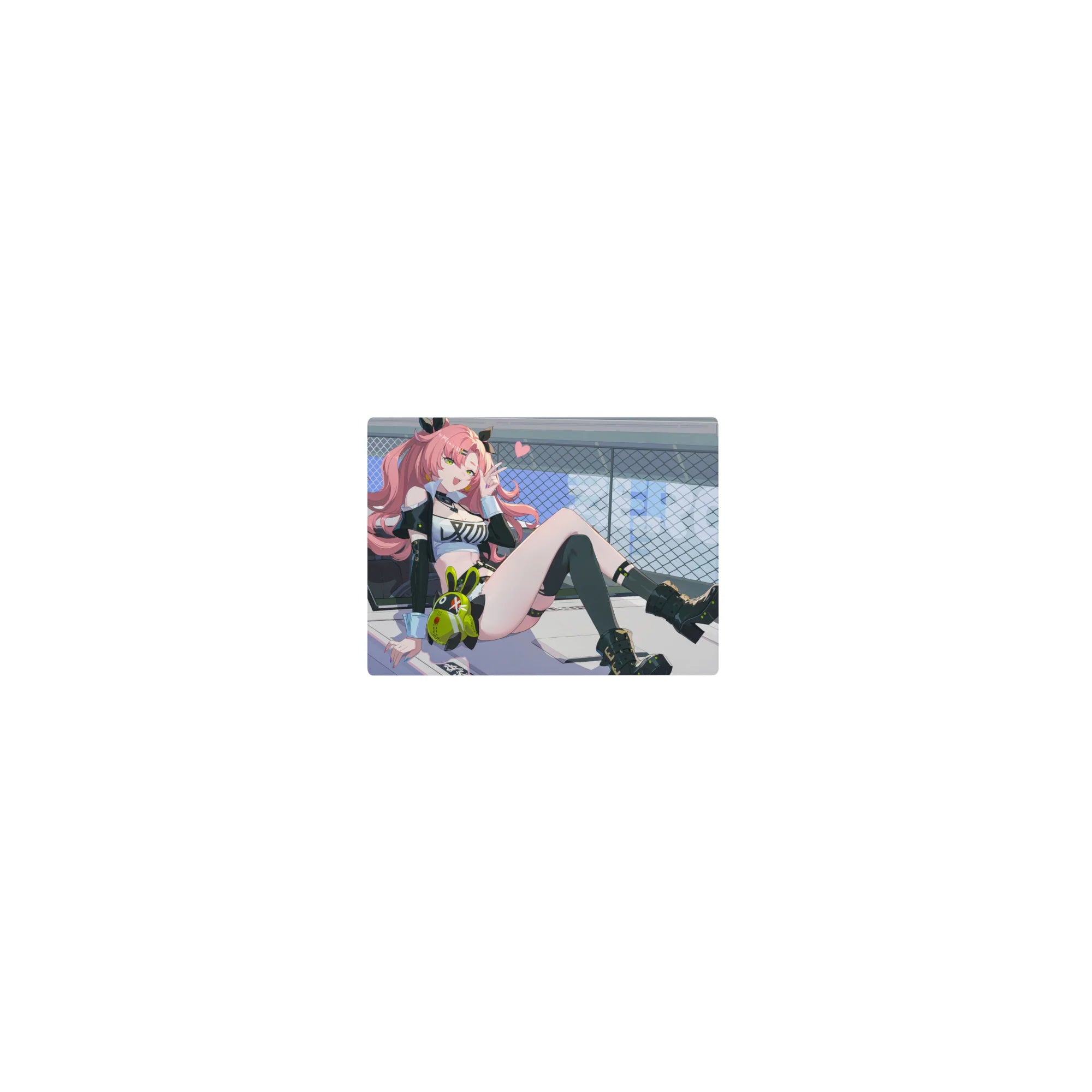 Classic anime girl mouse pad 14x10 inches with pink curls, car hood pose, edgy streetwear, bunny plush.