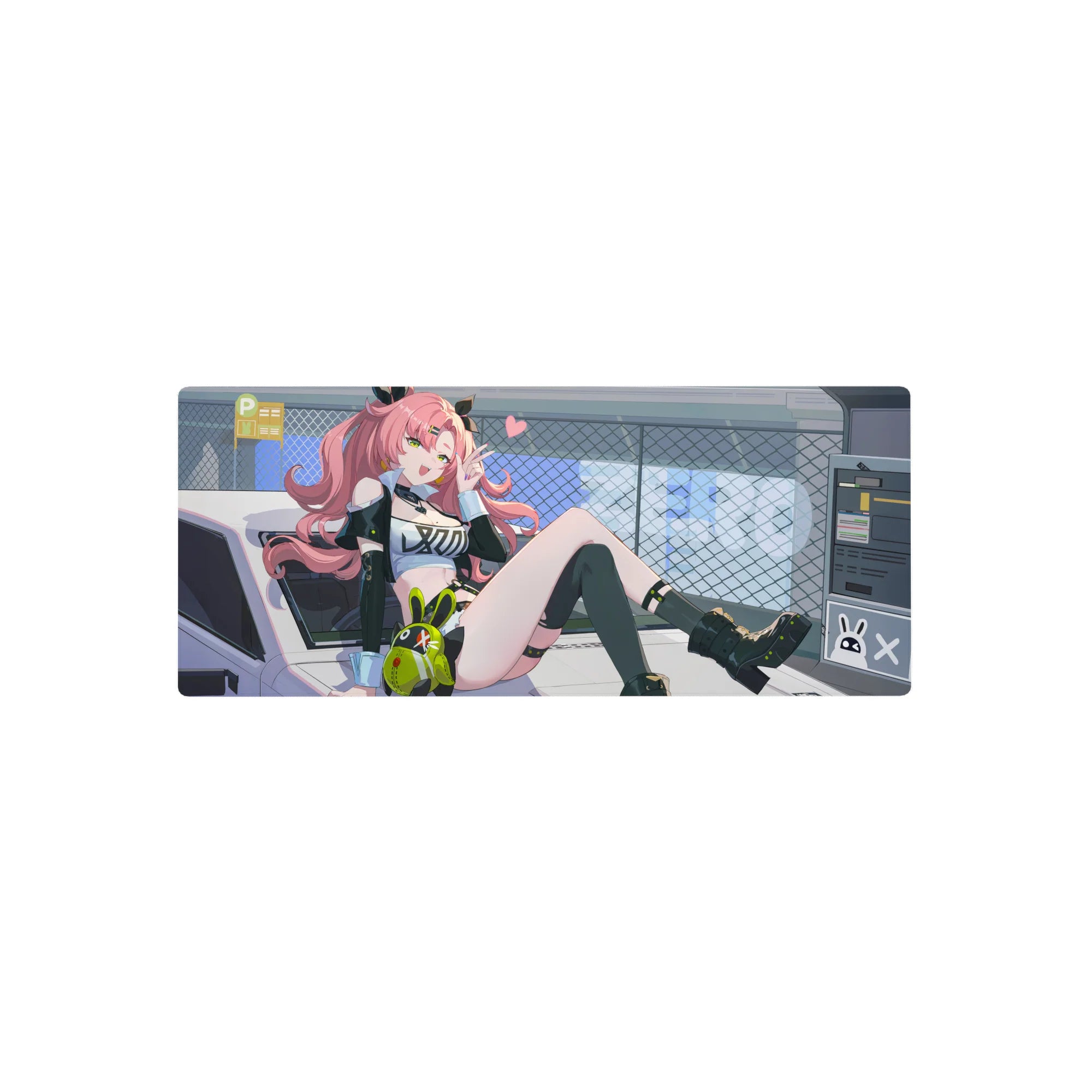 Anime girl mouse pad 28x12 inches with candy-pink curls, neon accents, edgy streetwear, bunny plush.