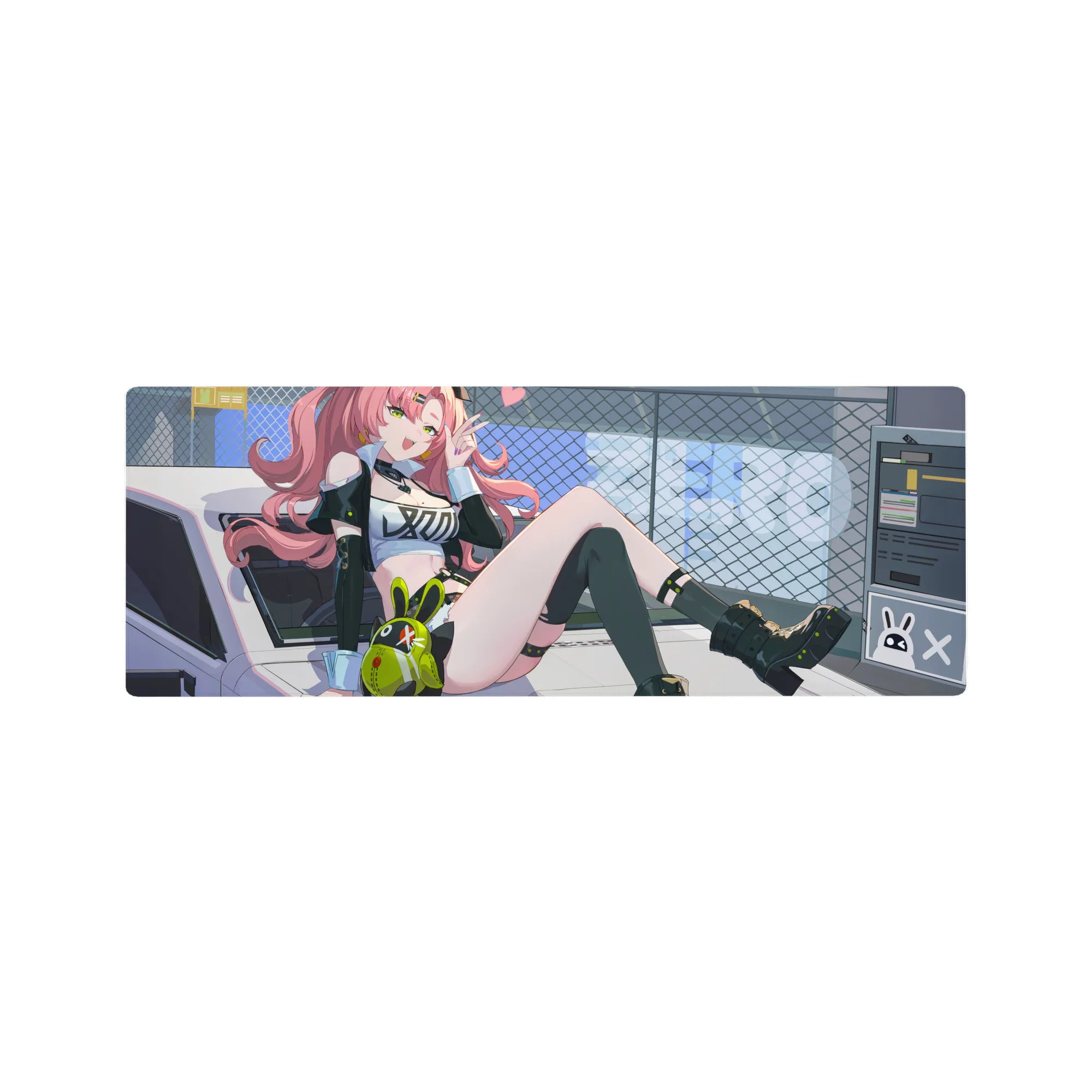 Anime girl mouse pad 32x12 inches with candy-pink curls, car hood pose, neon accents, and bunny plush.