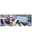 Anime girl mouse pad 32x12 inches with candy-pink curls, car hood pose, neon accents, and bunny plush.