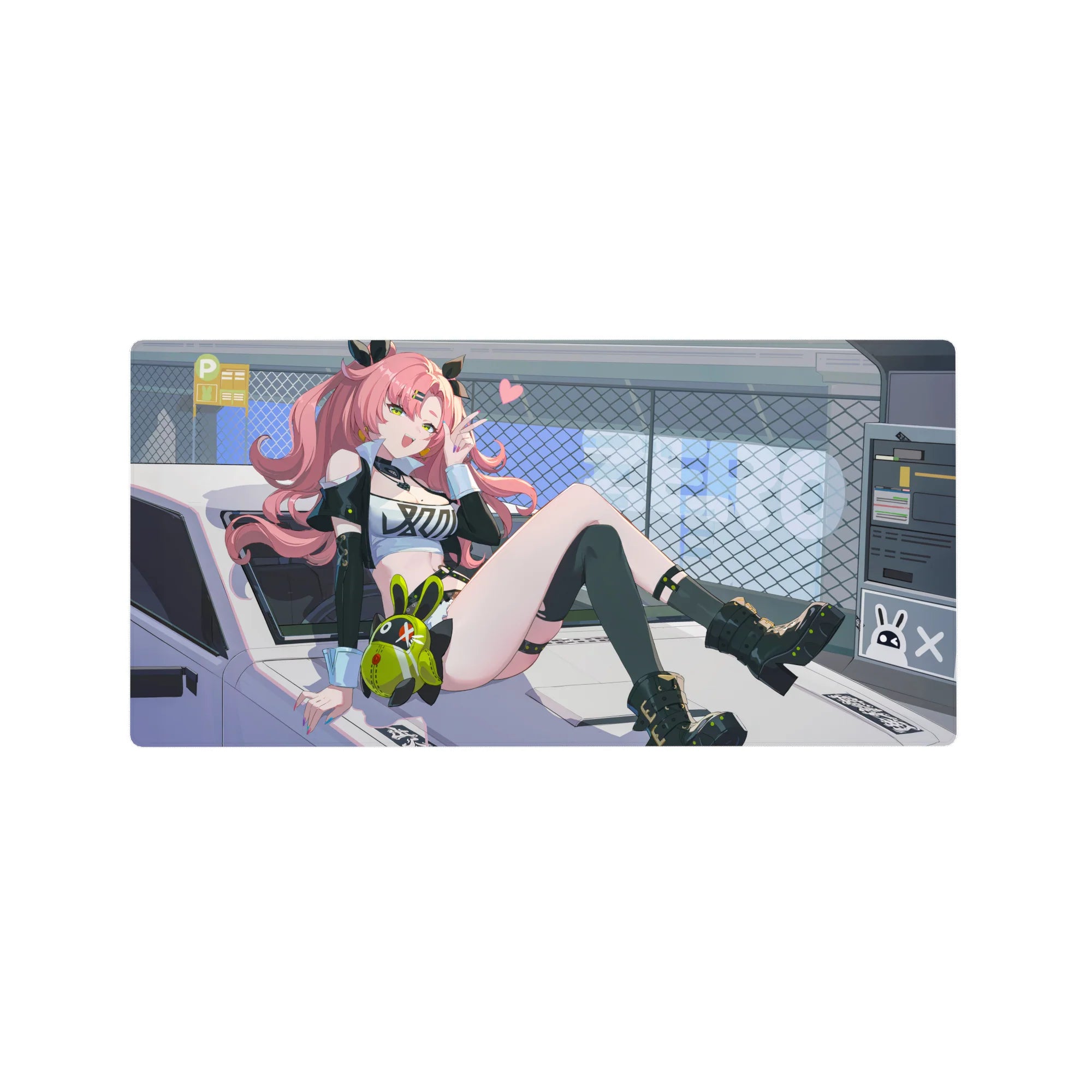 Anime girl mouse pad 32x16 inches with pink curls, car hood pose, neon accents, straps, and bunny plush.