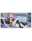 Anime girl mouse pad 32x16 inches with pink curls, car hood pose, neon accents, straps, and bunny plush.
