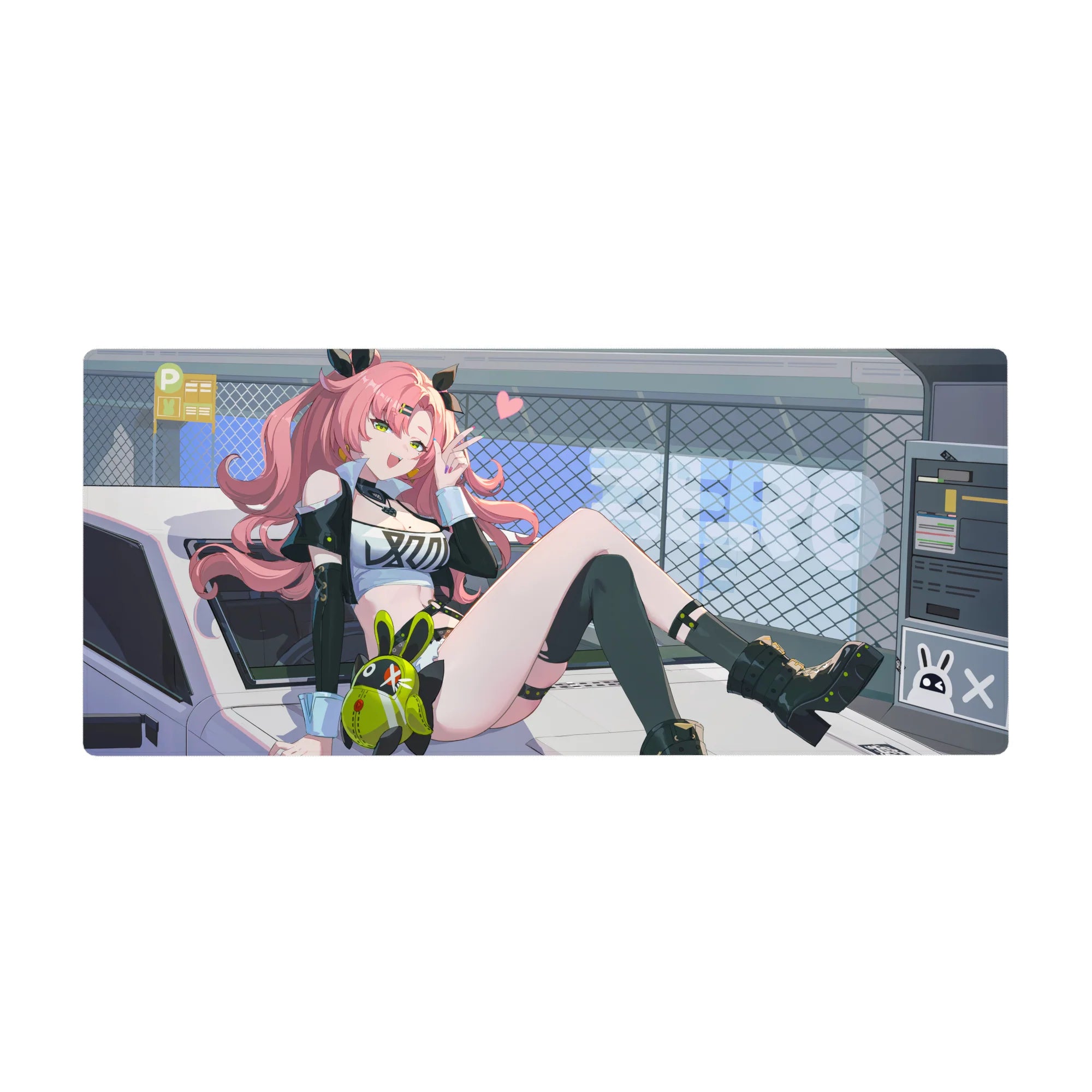 Anime girl desk pad 36x16 inches with pink-haired rider on car hood, neon accents, edgy stickers.