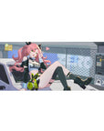 Anime girl desk pad 36x16 inches with pink-haired rider on car hood, neon accents, edgy stickers.