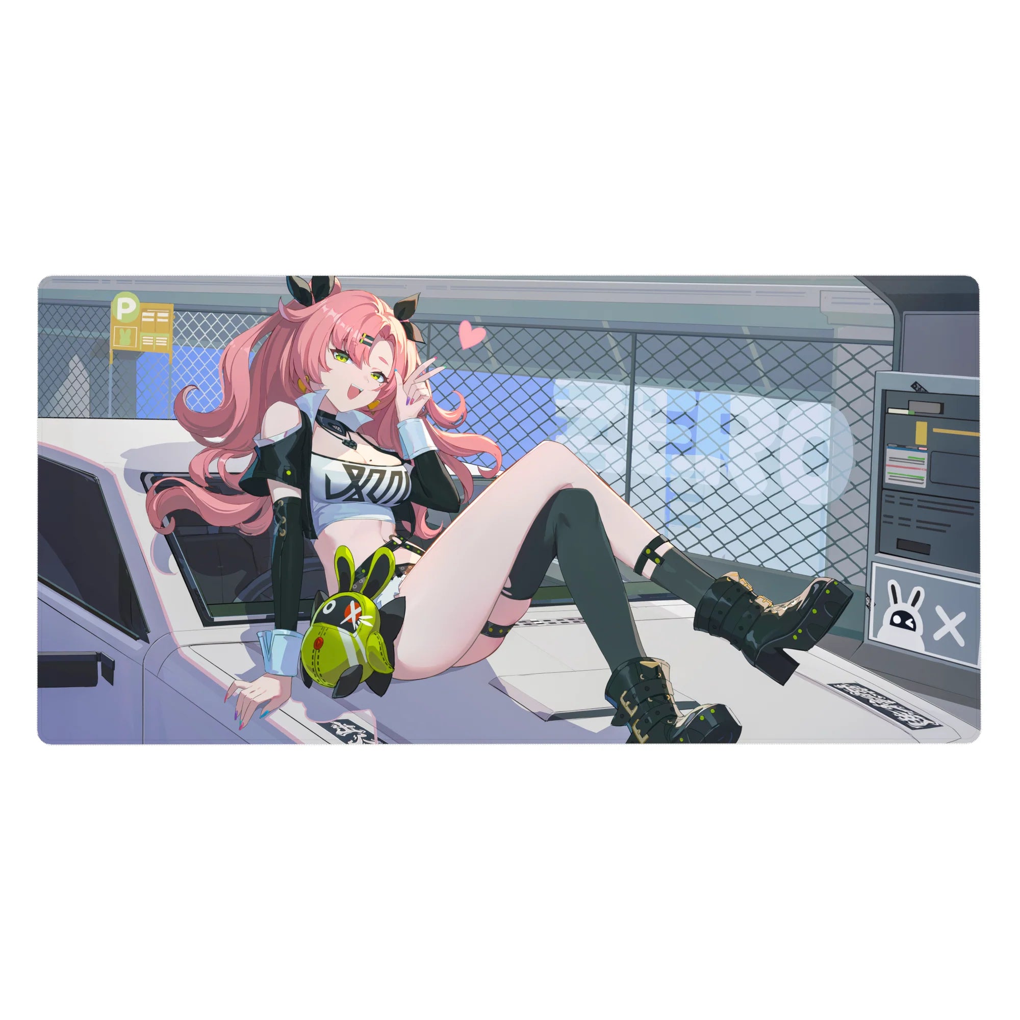 Anime girl desk pad 40x20 inches with pink curls, car hood pose, neon accents, bunny plush, edgy decals.