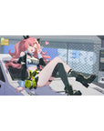 Anime girl desk pad 40x20 inches with pink curls, car hood pose, neon accents, bunny plush, edgy decals.