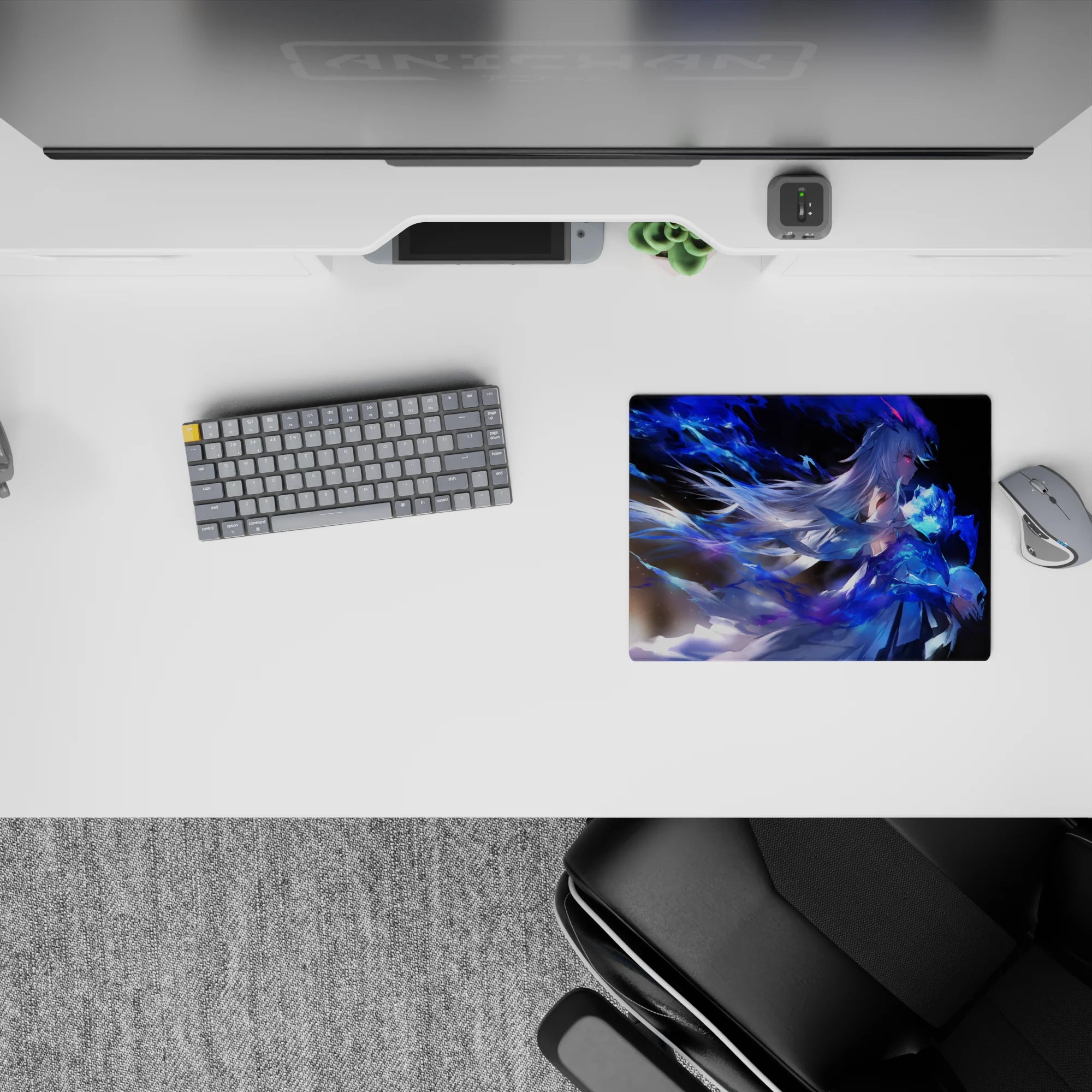 Sapphire blue anime girl mouse pad 14x10 inches, smoky shadows and dreamy neon glow for a cool desk vibe.