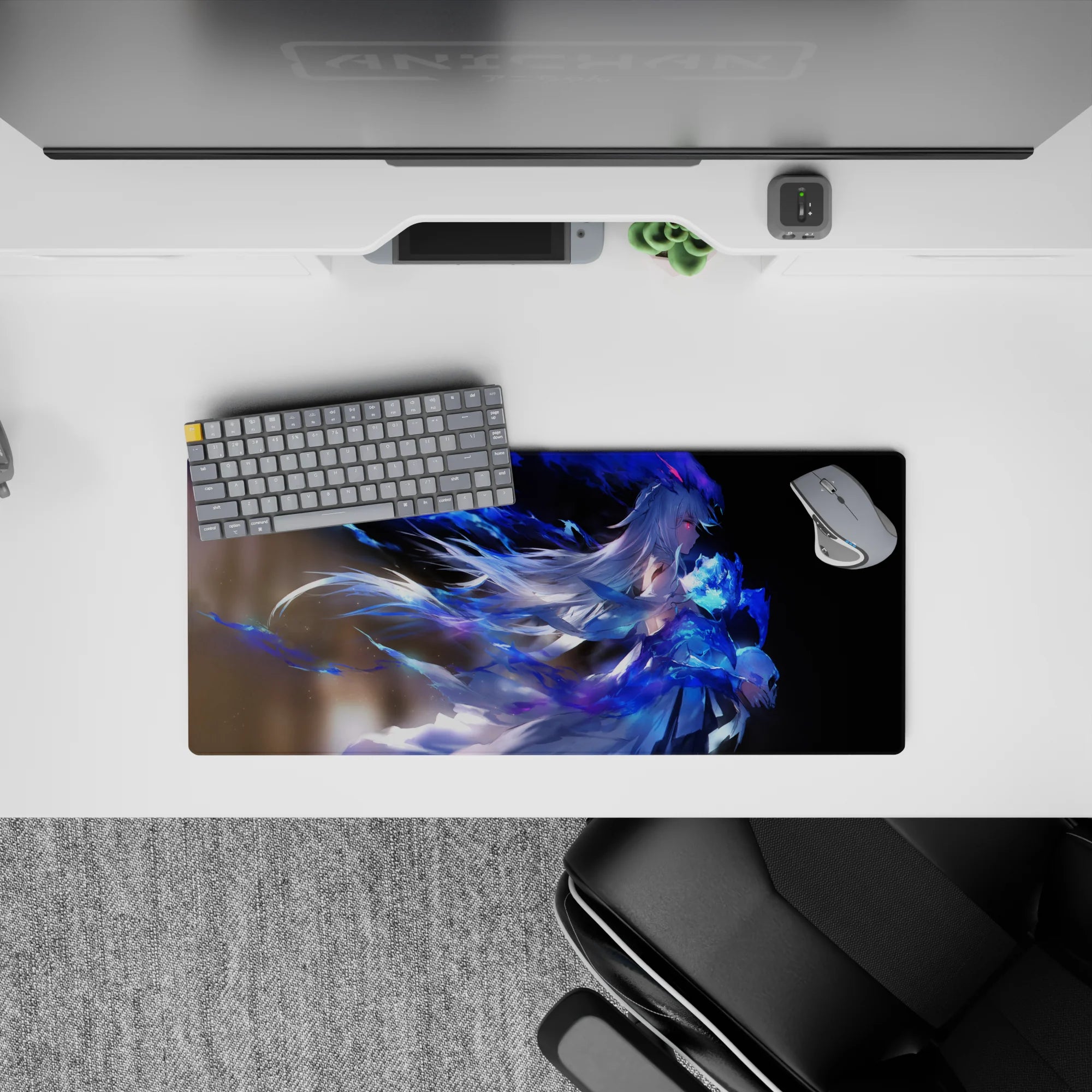 28x12 inches anime desk mat in sapphire blue and smoky shadows, dreamy fast neon glow vibe.