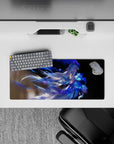 28x12 inches anime desk mat in sapphire blue and smoky shadows, dreamy fast neon glow vibe.