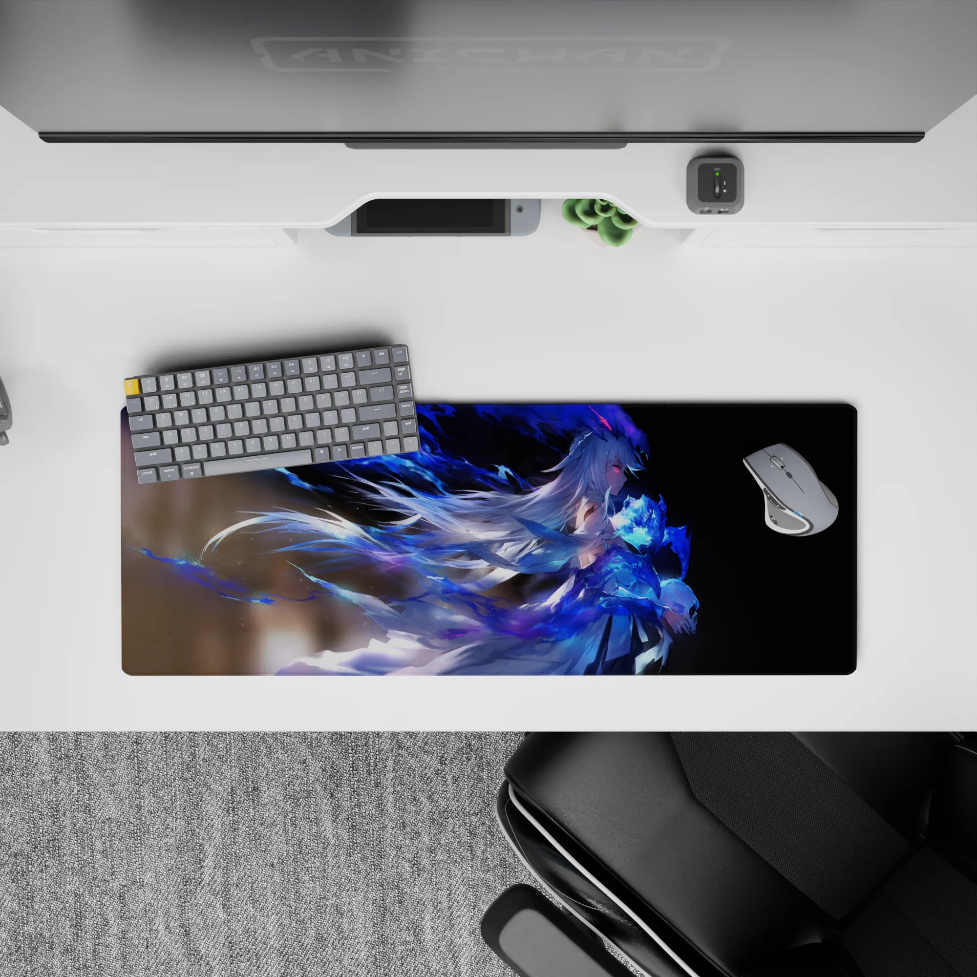 32x12 inches extended mouse pad in sapphire blue and smoky shadows, dreamy neon glow fantasy vibe.