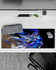 32x12 inches extended mouse pad in sapphire blue and smoky shadows, dreamy neon glow fantasy vibe.