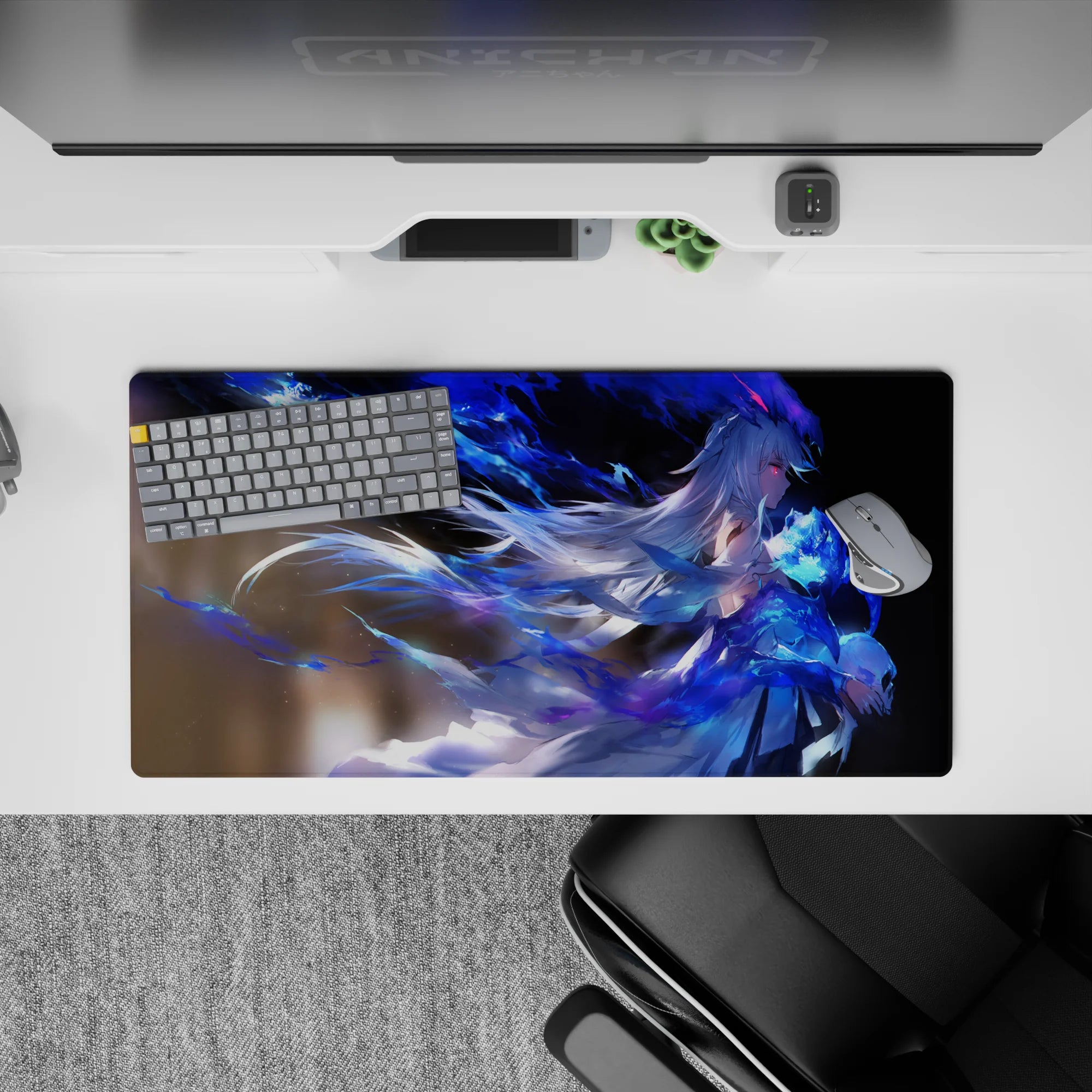 32x16 inches anime girl mouse pad in sapphire blues and smoky shadows, dreamy neon glow and calm gradients.
