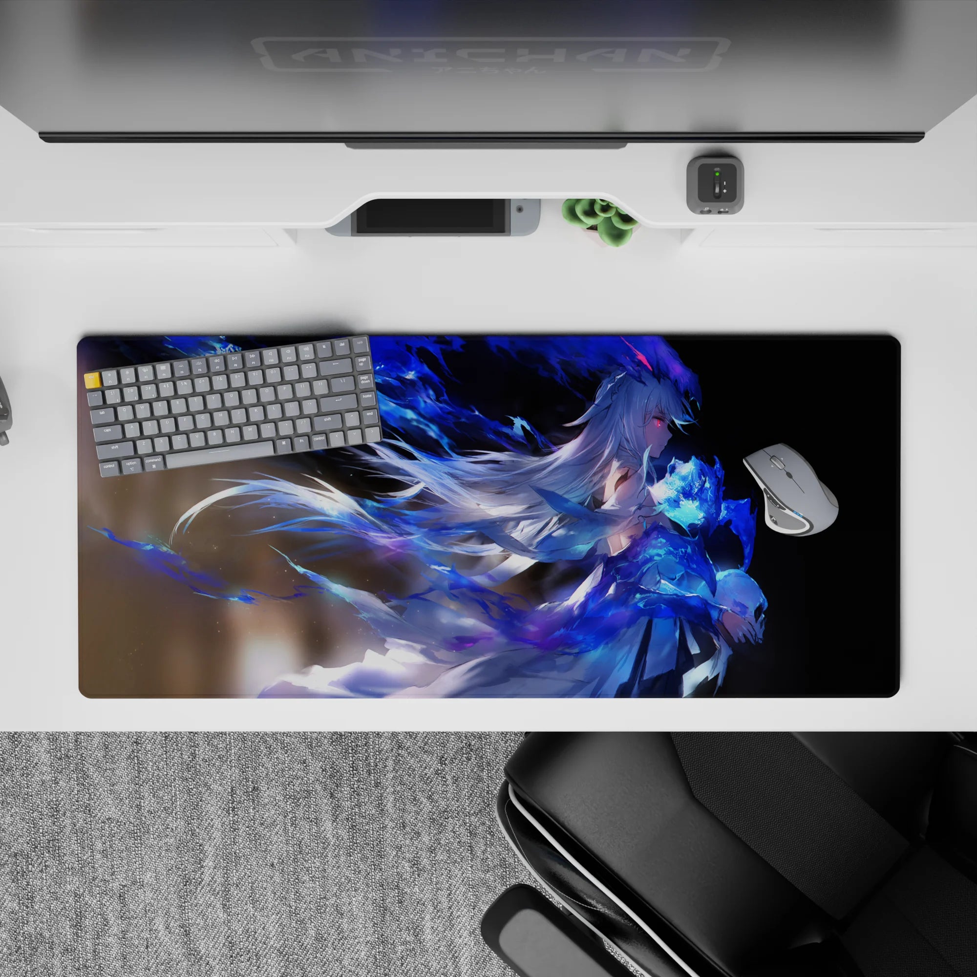 36x16 inches anime desk pad in sapphire blues and smoky shadows, dreamy neon glow, cool fantasy mood.