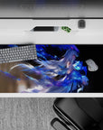36x16 inches anime desk pad in sapphire blues and smoky shadows, dreamy neon glow, cool fantasy mood.