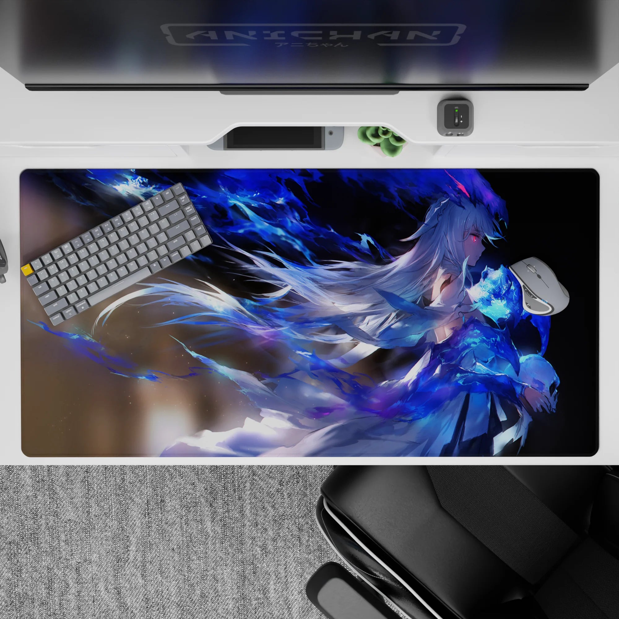 40x20 inches anime desk pad in sapphire blues and smoky shadows, dreamy neon glow, fantasy vibe.