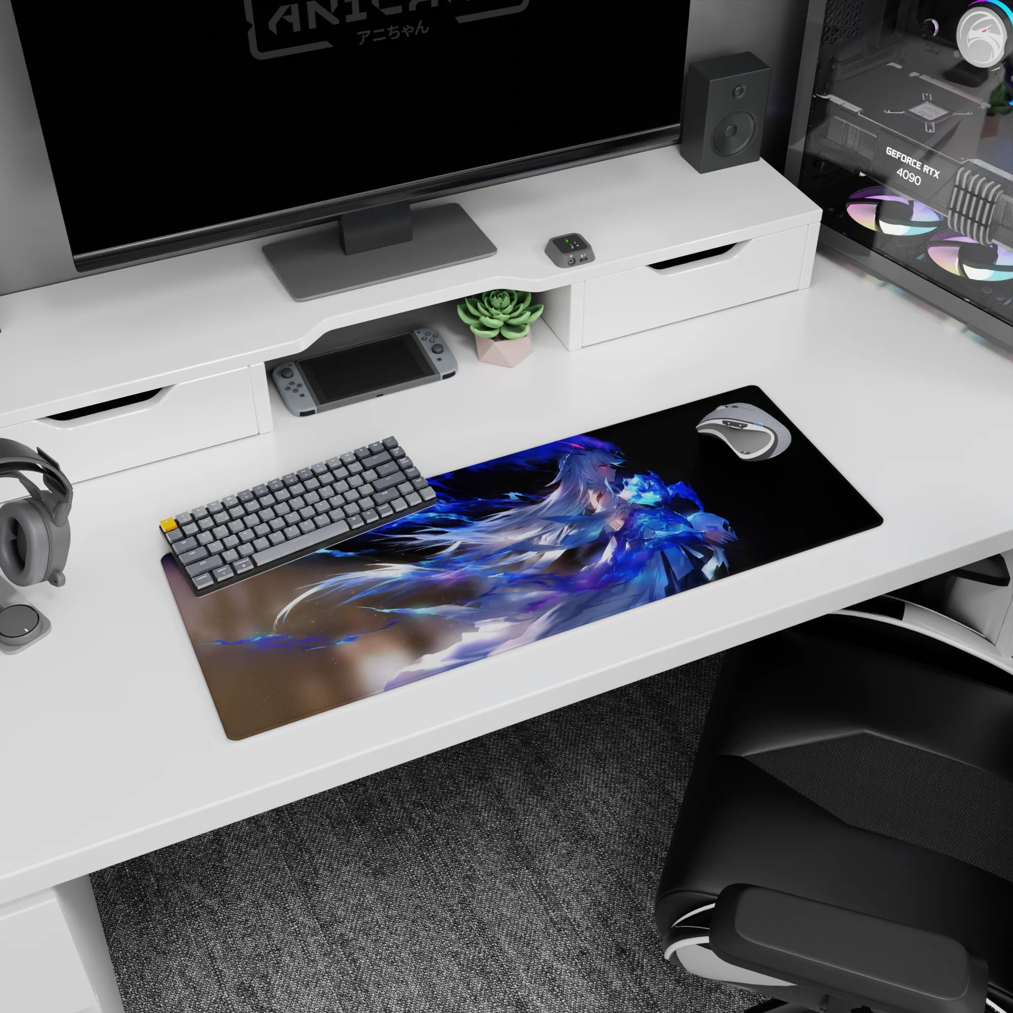 32x12 inches desk mat showing an anime girl with wind-swept blue hair, glowing blue streaks behind her.