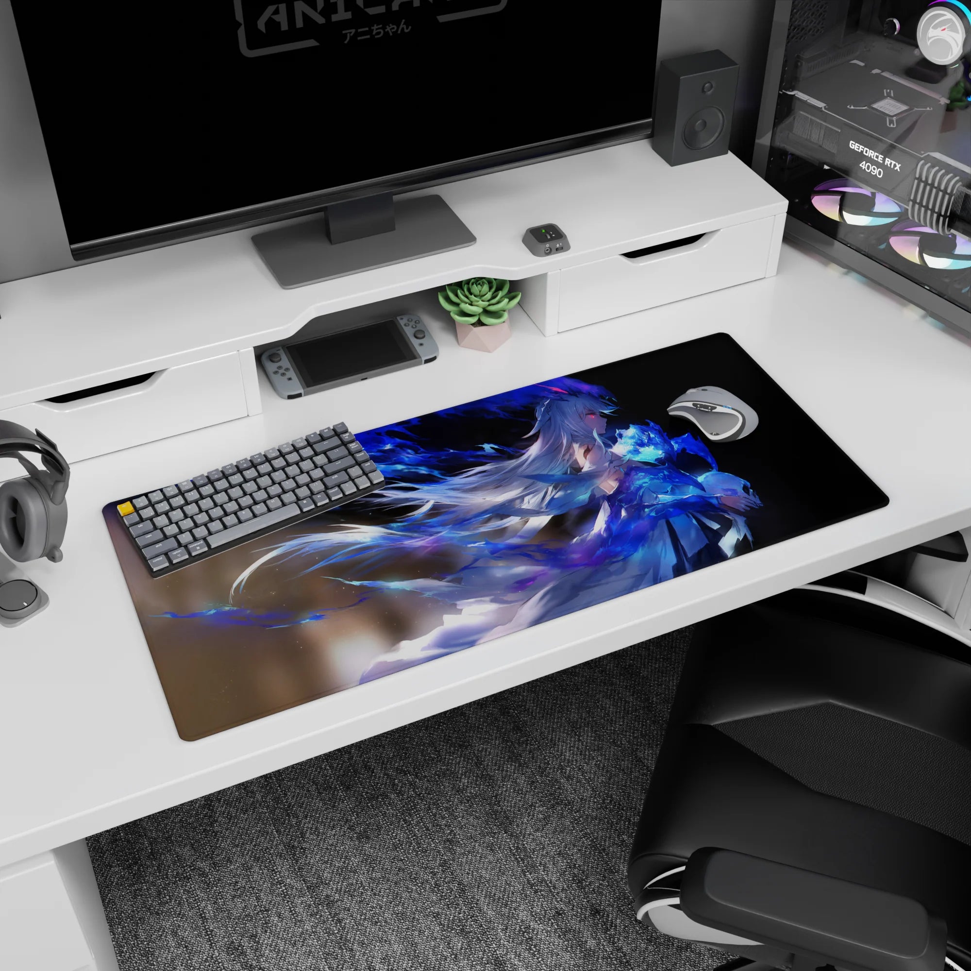 Anime girl 36x16 inches desk pad featuring wind-swept hair over water, glowing blue ribbon streaks.