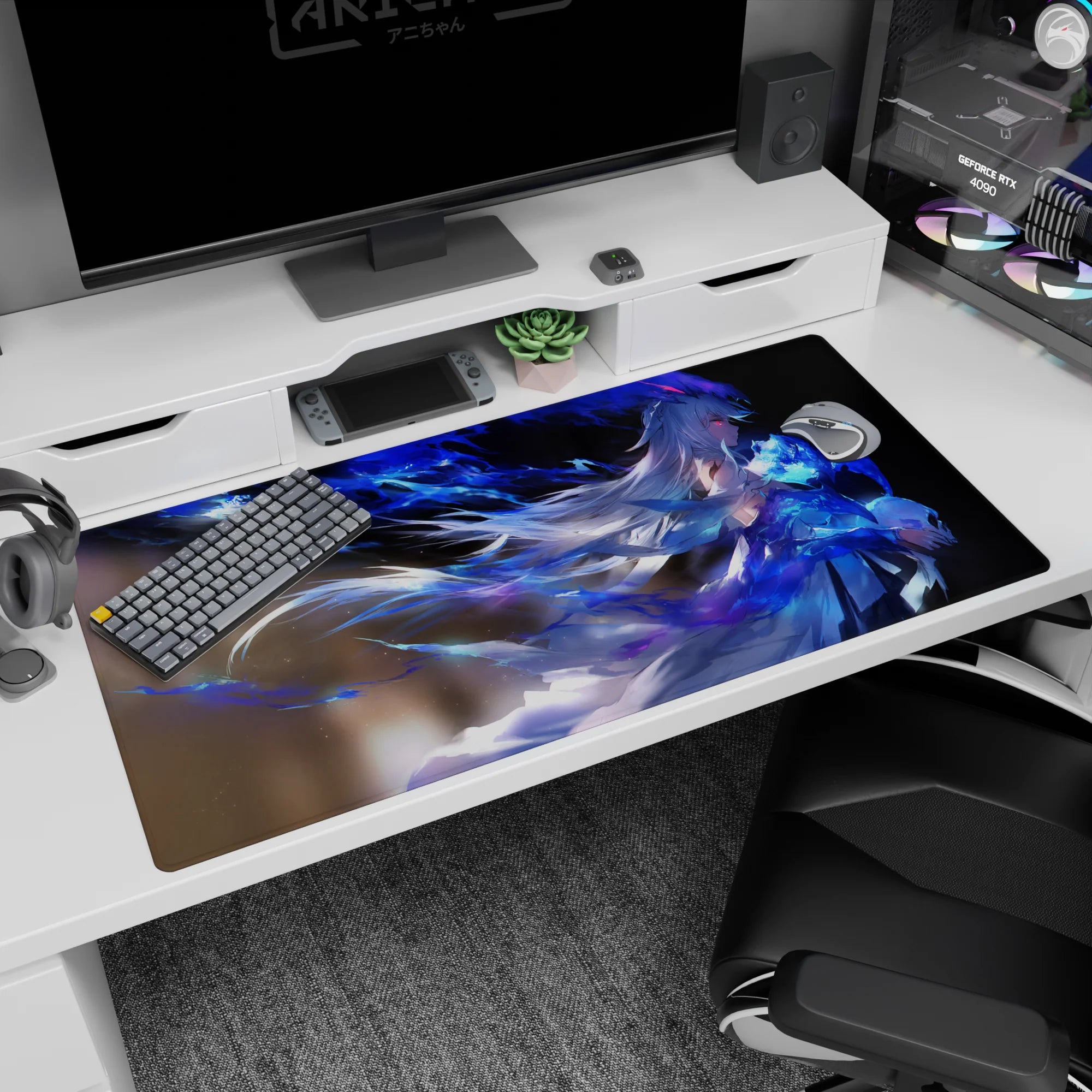 40x20 inches anime girl mouse pad showing a wind-swept mage with streaming blue hair and glowing paint ribbons.