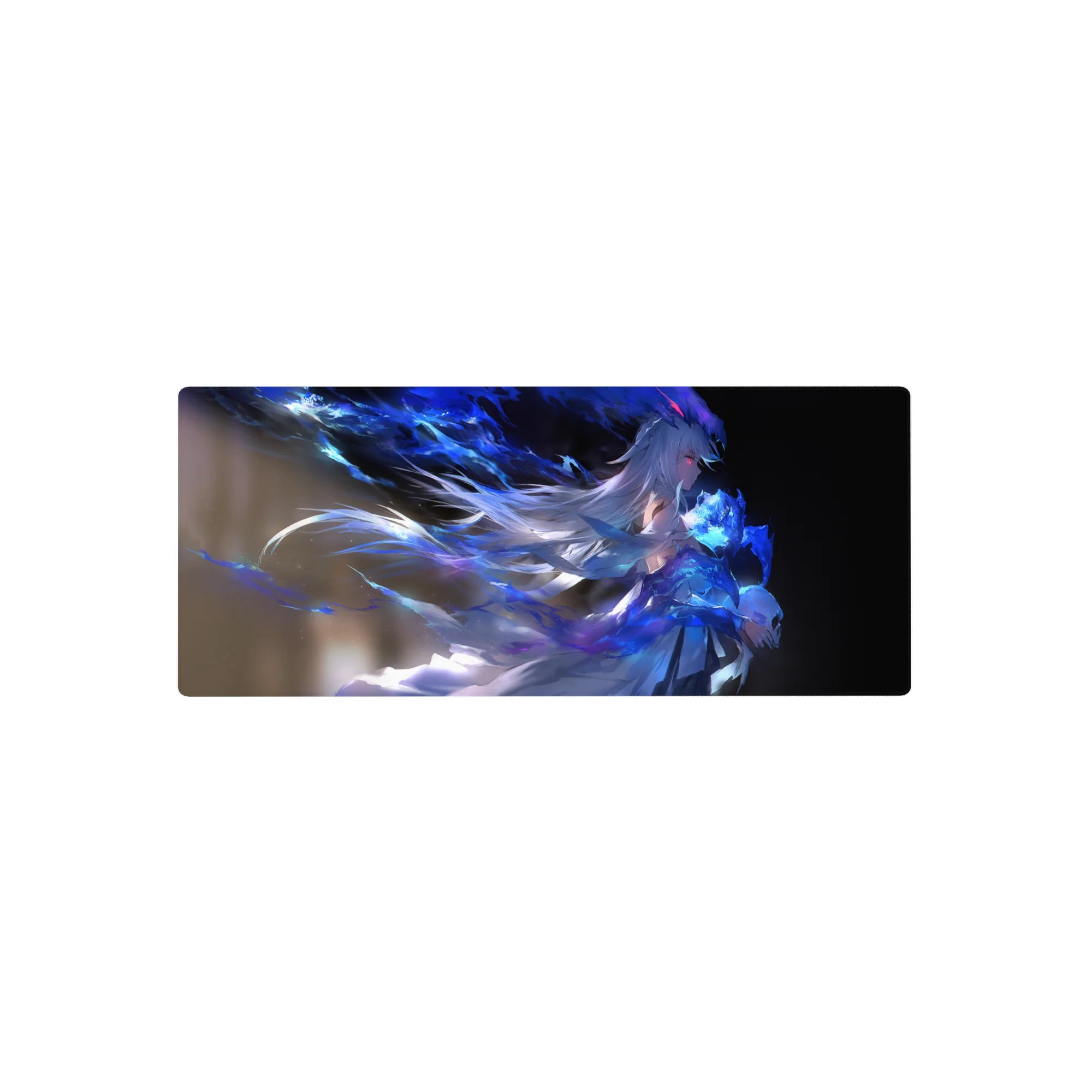 28x12 inches anime girl mouse pad with icy magic art, flowing hair, neon paint-splash ribbons.