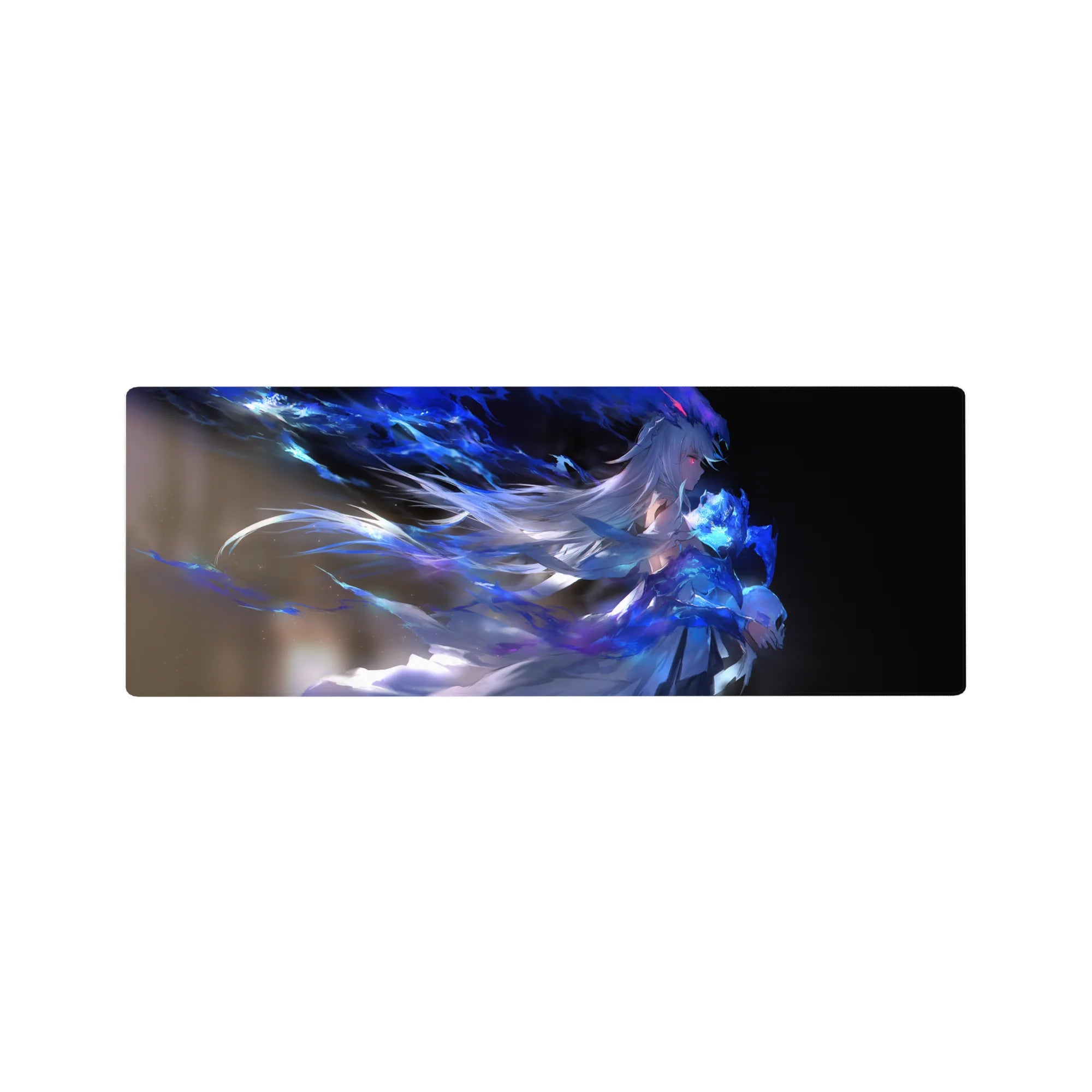 32x12 inches anime girl mouse pad with icy magic artwork, flowing hair and neon ribbon paint splashes.