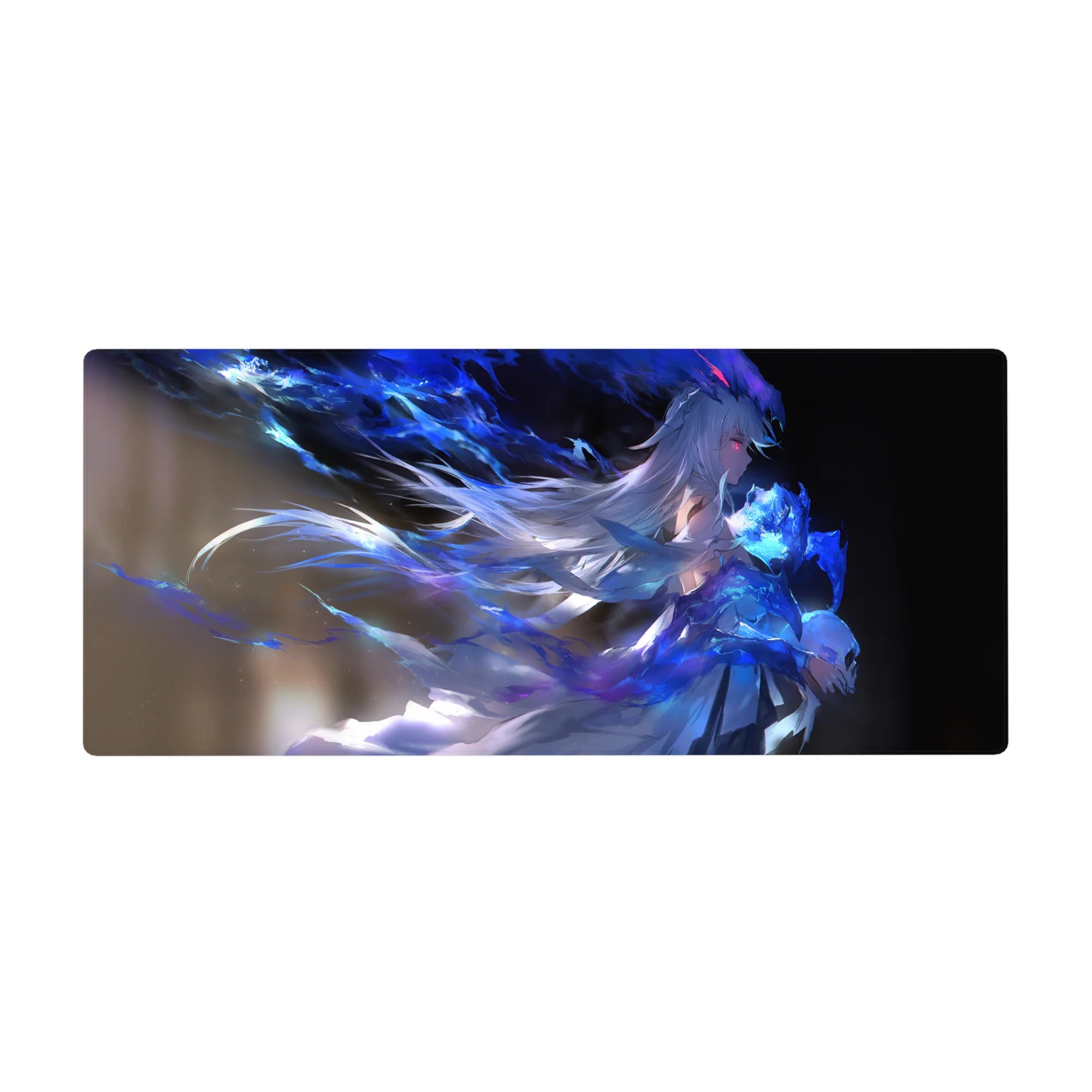 Anime girl desk pad 36x16 inches with icy magic art, flowing hair, neon paint-splash ribbons.