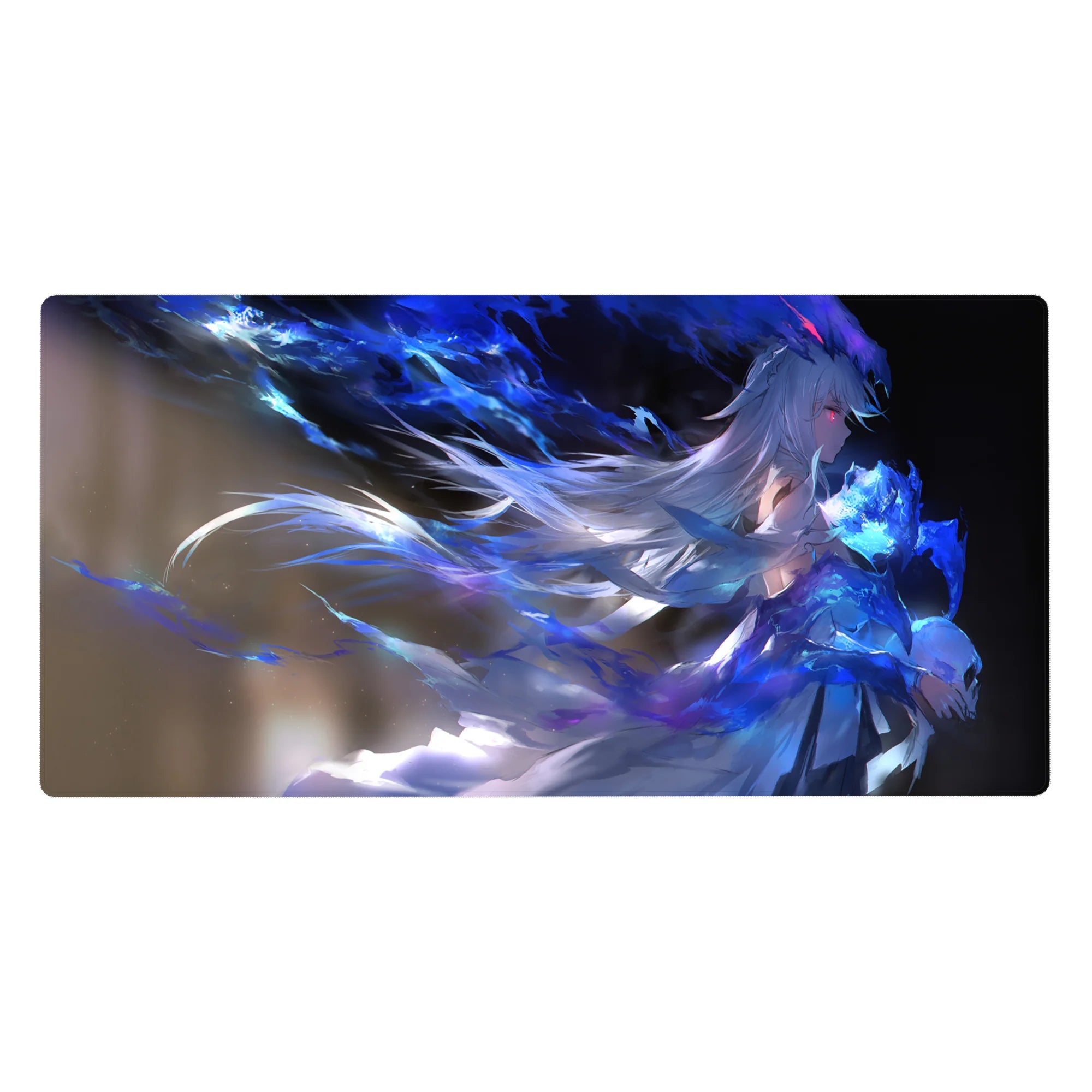 Anime girl desk pad 40x20 inches with icy magic art, flowing hair, neon ribbon splashes, clean surface.