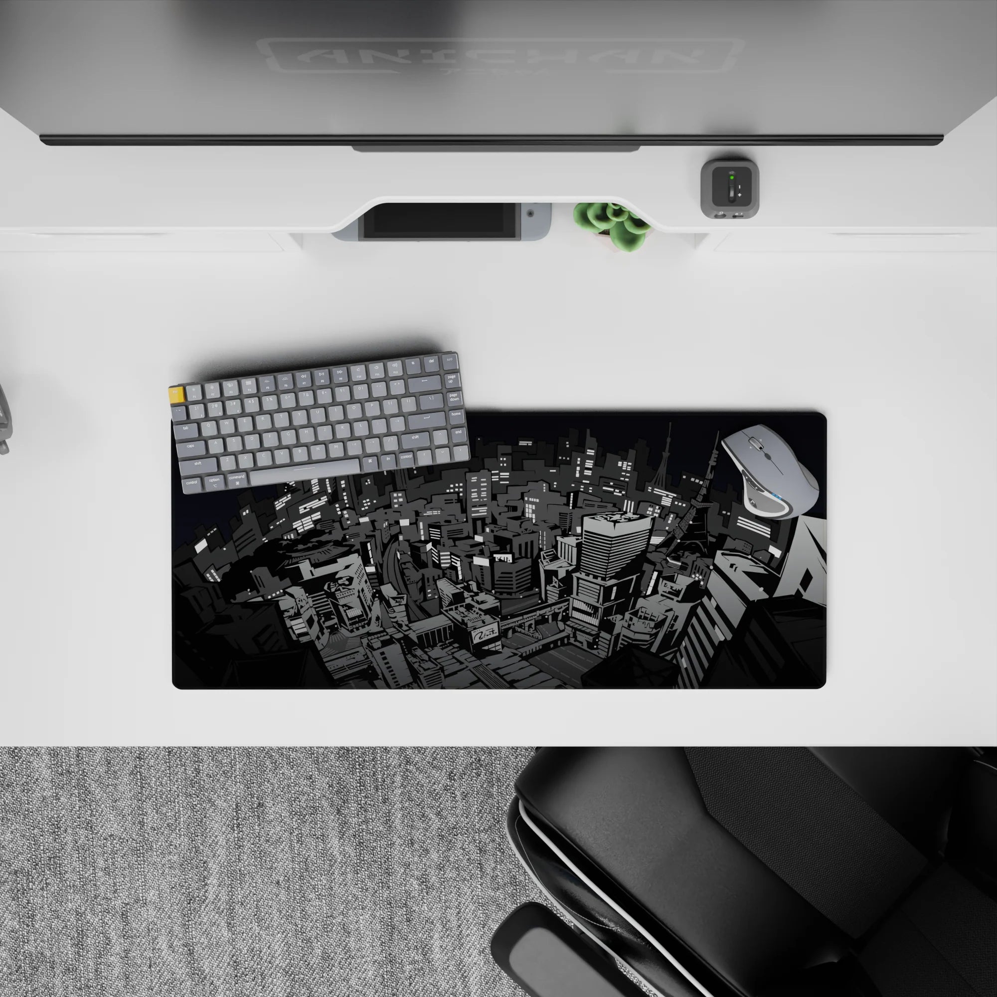 Mouse pad featuring a 28x12 inch Persona 5 cityscape in grayscale, showcasing Tokyo&#39;s stylized skyline with a noir vibe.