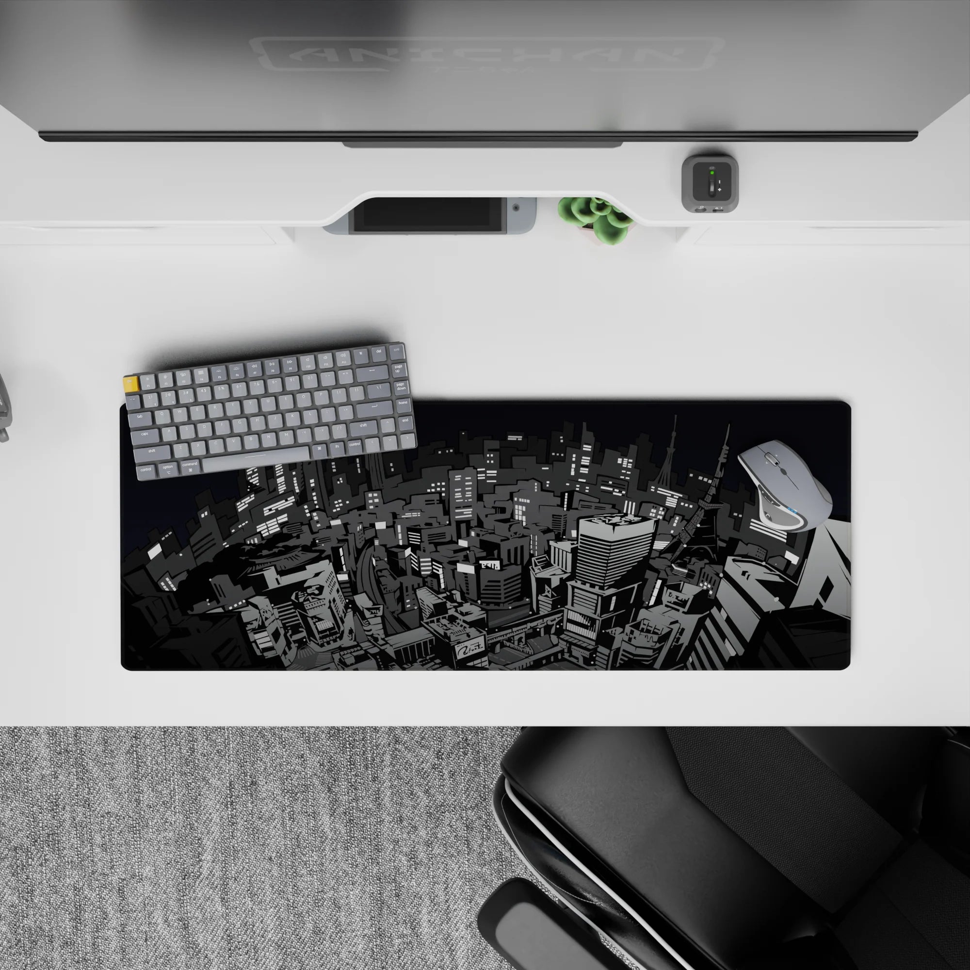Persona 5 anime mouse pad featuring Tokyo&#39;s stylized cityscape in gritty grayscale, size 32x12 inches.