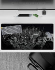 Persona 5 mouse pad featuring grayscale Tokyo cityscape, 32x16 inches. Perfect for anime fans and urban noir enthusiasts.