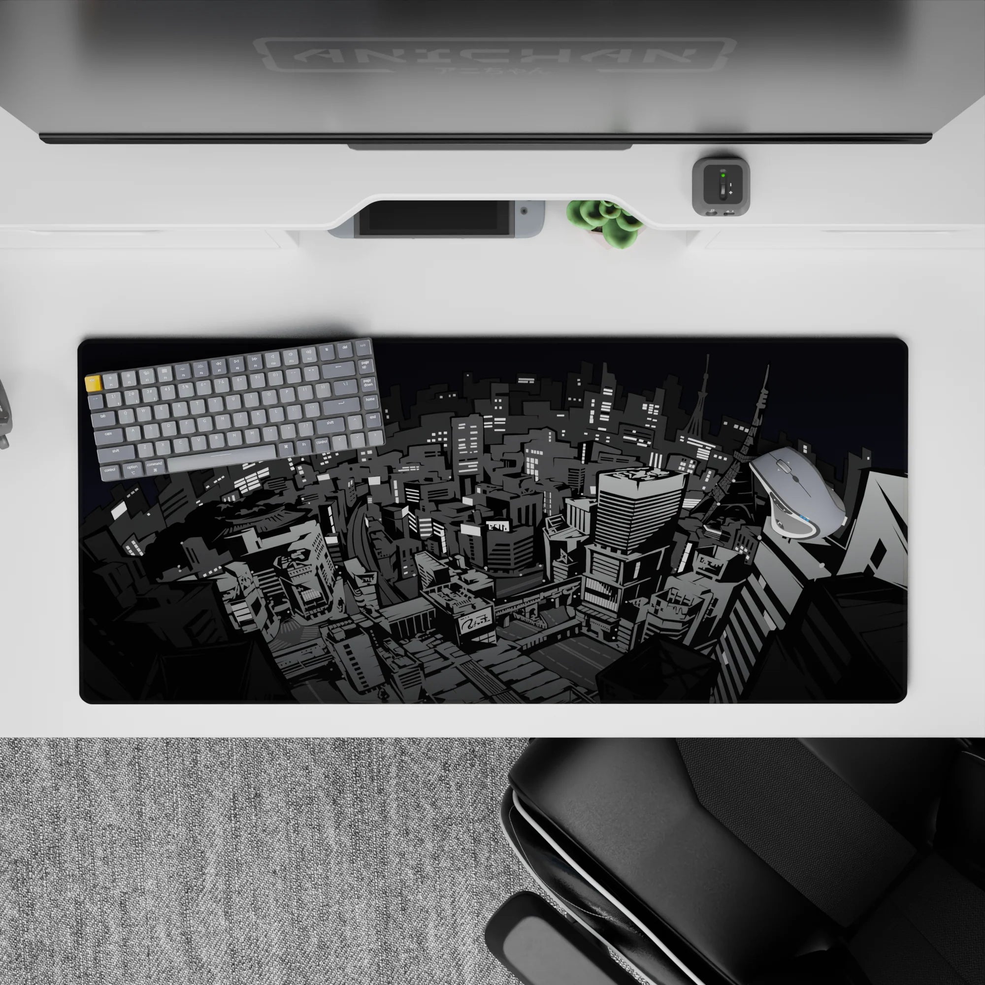 Persona 5 anime mouse pad, 36x16 inches, featuring a stylized Tokyo cityscape in gritty grayscale for a noir urban vibe.