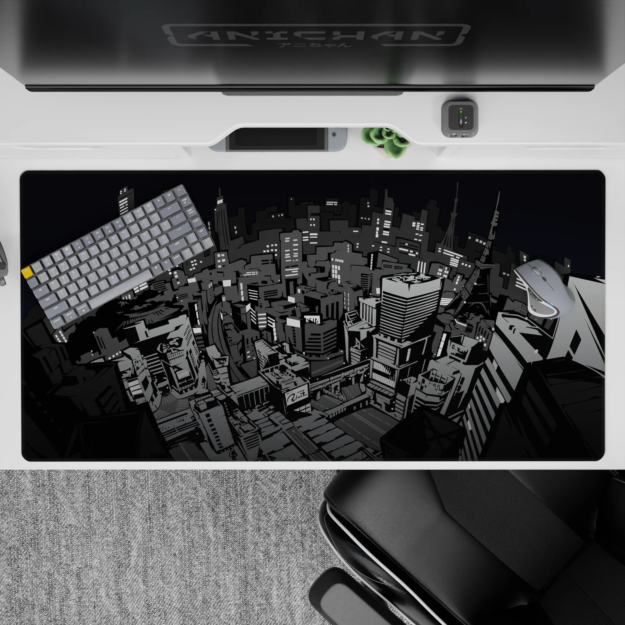 Persona 5 anime desk pad, 40x20 inches, featuring a stylized Tokyo cityscape in gritty grayscale, perfect for fans.